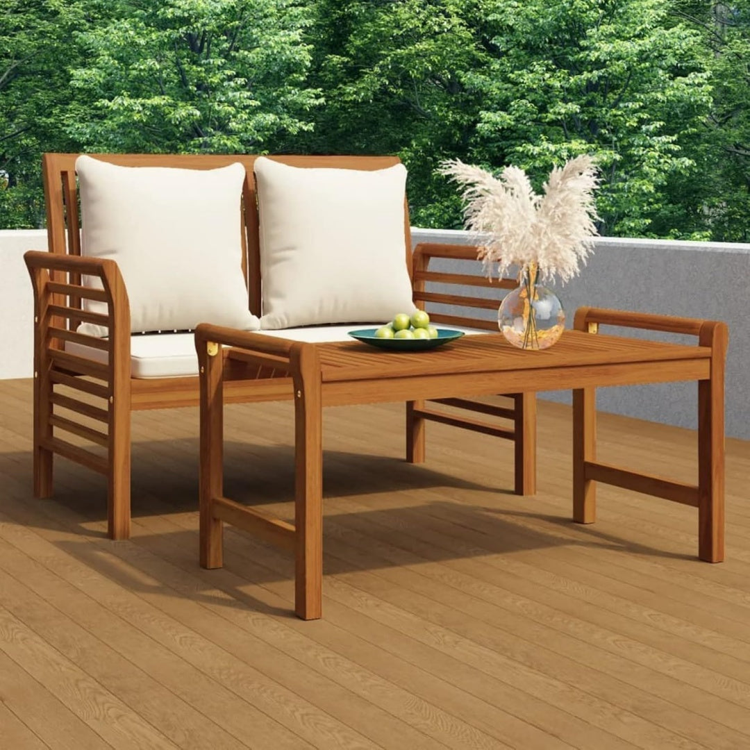 Divano da giardino in legno naturale con cuscini crema