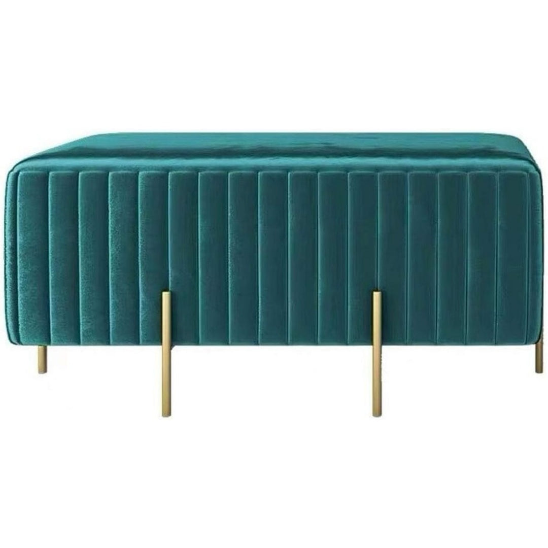 Panca imbottita verde petrolio con gambe oro